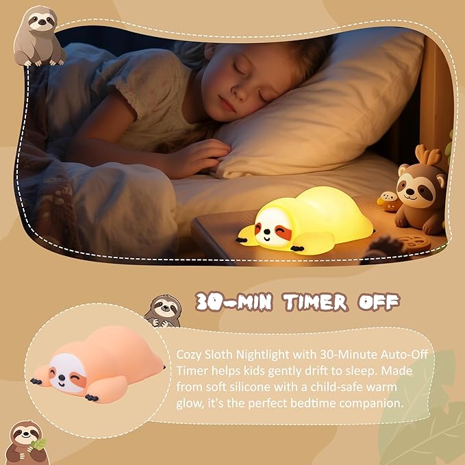 CoolGift Mart Sloth Gifts, Cute Animal Silicone Night Light with USB Rechargeable, Touch Control & Timer, Suitable for Breastfeeding Reading Working Sleep for Baby Kids Teens Adults