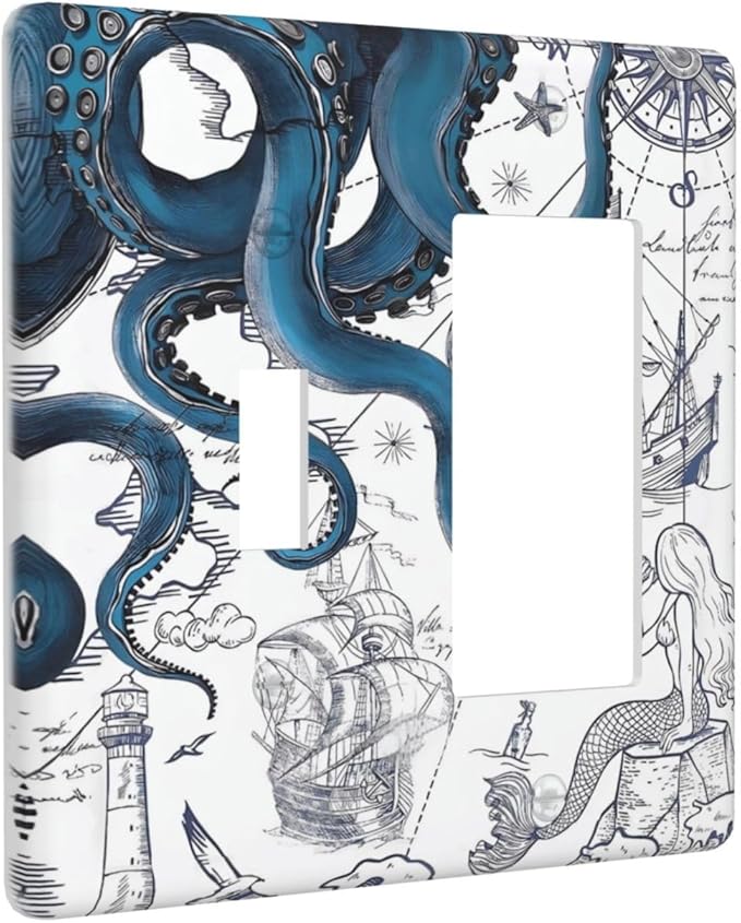 Nautical Vintage Map Octopus Mermaid Lighthouse Boat Outlet Covers 1 Toggle 1 Rocker Combination Decorative Wall Plate Electrical Switch Plates Light Switch Cover Plate for Bathroom Kids Room Decor