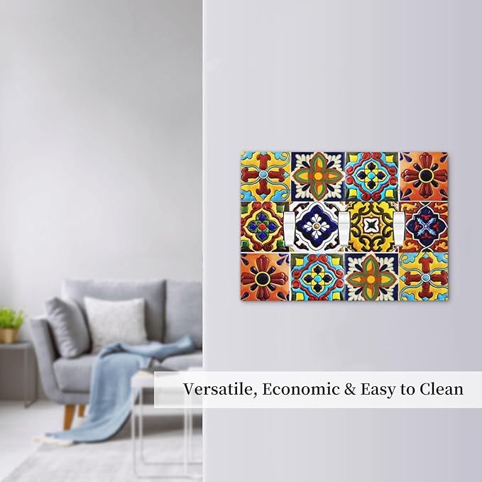 Colorful Boho Mexican Moroccan Tile Decorative Triple Toggle Outlet Light Switch Cover Vintage Kitchen Bohemian Mexico Tiles Jungle 3 Gang Wall Plate Electrical Faceplate Three Device Switchplate