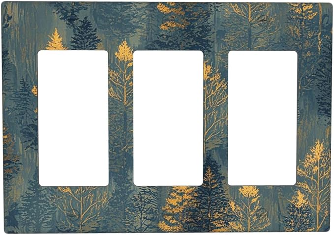 Decorative Light Switch Plate with Golden Trees & Abstract Gradient Forest Landscape Design 3 Gang Outlet Covers Triple Rocker Wall Plate Switch Plate Cover for Blue Retro Home Decor