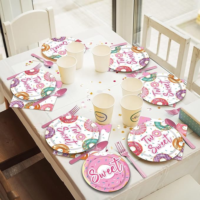 ZOIIWA 96 Pcs Two Sweet Donut Birthday Party Supplies Girls Donut Themed Tableware Table Decor Baby Girl 2nd Birthday Paper Plates Napkins Disposable Dinnerware Party Favor for Baby Shower 24 Guests