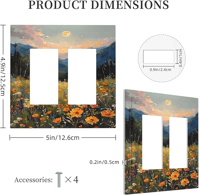 Sunset Wild Flower Field Floral Nature Landscape Decorative Outlet Covers 2 Gang Double GFCI Rocker Electrical Wall Panels Light Switch Cover Plate for Farmhouse Bedroom Decor