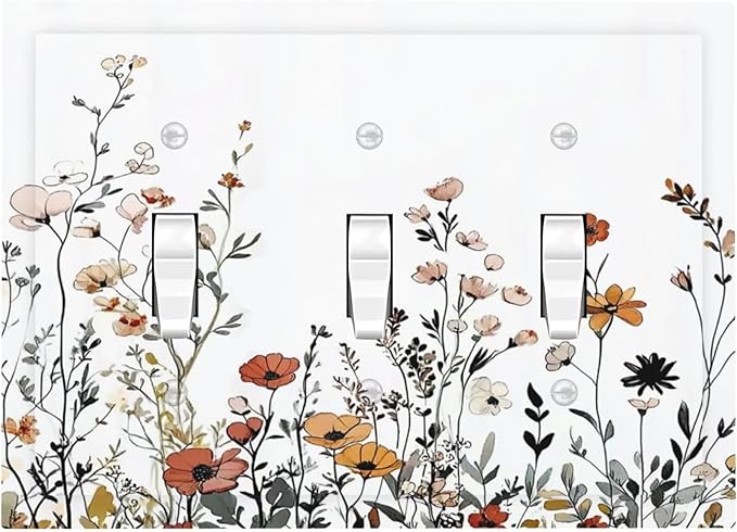 Decorative Switch Plates Vintage Wildflower Colorful Plants Floral 3 Gang Wall Plate Triple Toggle Light Switch Cover Faceplate Electrical Wall Panels For Bed Room Living Room Decor