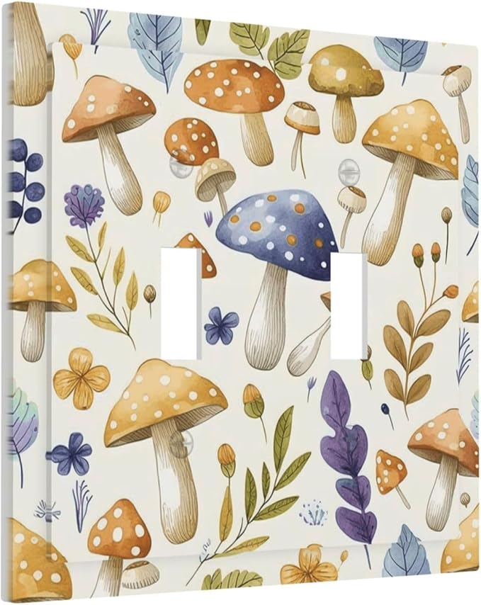 Boho Watercolor Mushroom Flowers Leaf Colorful Floral Decorative Switch Plates 2 Gang Double Toggle Outlet Light Switch Cover Wall Plate Electrical Faceplate for Kids Room Nursery Decor