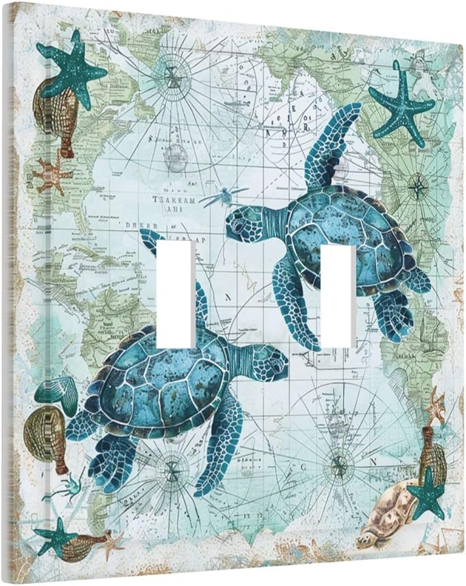 Decorative Switch Plates Nautical Green Sea Turtles Beach Blue Ocean 2 Gang Double Toggle Outlet Light Switch Cover Wall Plate Electrical Faceplate For Bathroom Kids Room Decor