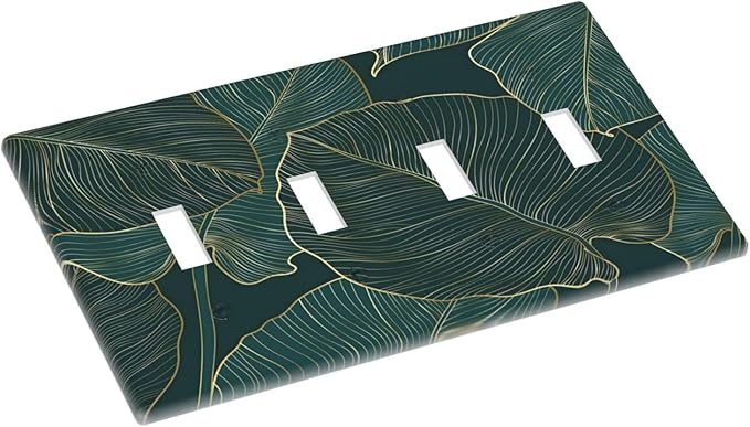 Gold Tropical Green Botanical Palm Leaves Light Switch Covers Quad Toggle Electrical Faceplate 4 Gang Wall Plate Decorative Switch Plates Cover for Bedroom Living Room Decor