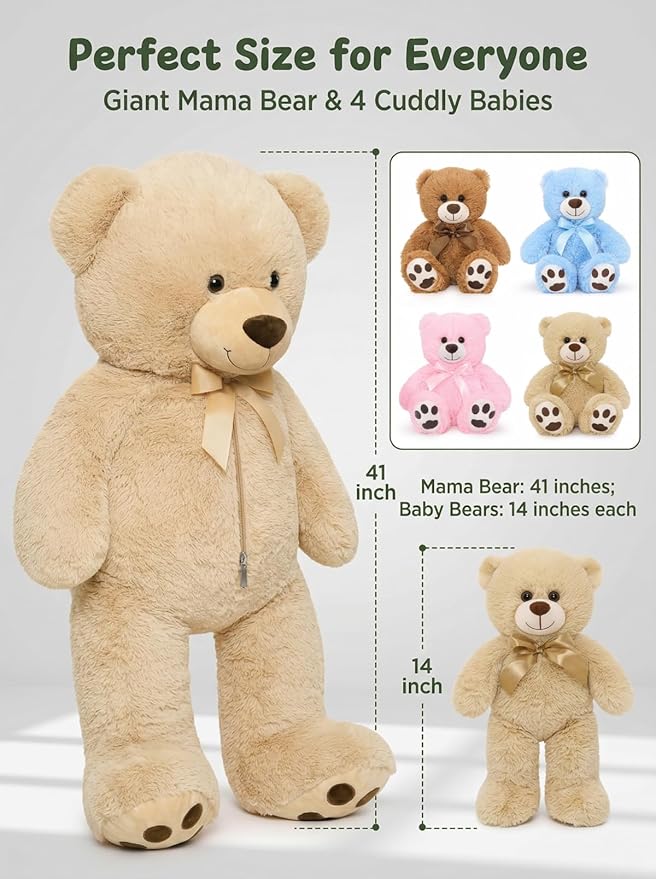 MaoGoLan 5Pcs Big Teddy Bear Plush with 4 Babies,41" Cuddly Giant Bear Stuffed Animal with Zipper Storage for Small Teddy Bear Plushies in Bulk for Baby Shower,Party Favor,Decorations,Kids,Adults