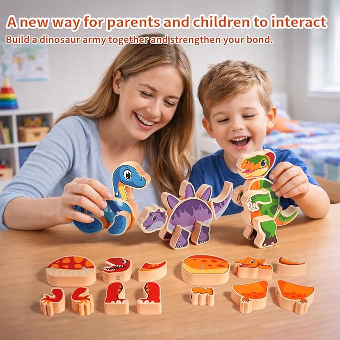 INIFEIDALA Magnetic Wooden Dinosaur Building Blocks, Take Apart STEM Montessori Educational Toy, Fine Motor Skills Development Ages 3-6
