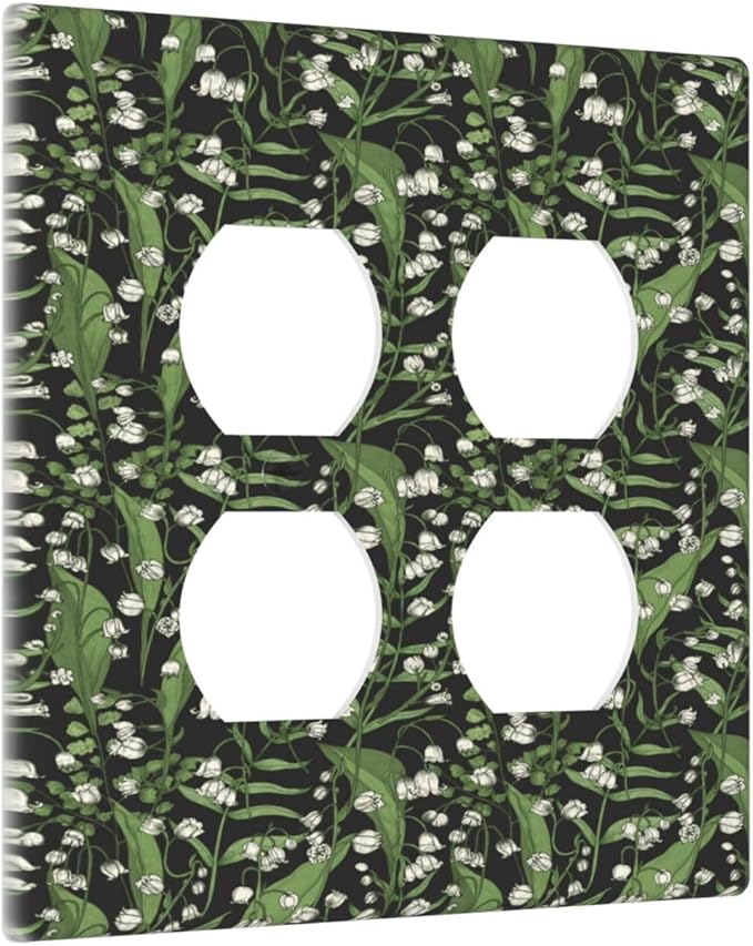 Boho Floral Green Leaves White Flowers Outlet Covers 2 Gang Double Duplex Decorative Light Switch Covers Electrical Wallplates Socket Faceplate for Farmhouse Bed Room Decor