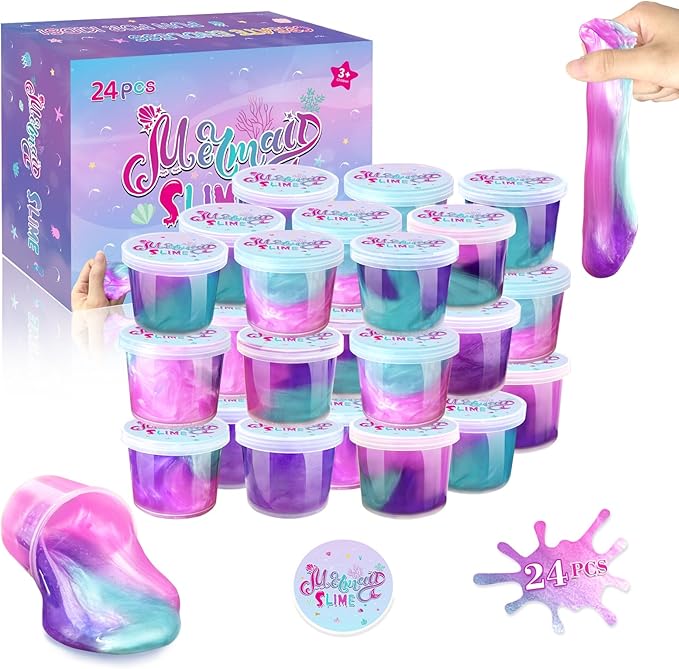 24 Pack Mermaid Slime Party Favors for Kids Slime Cup Bulk DIY Stress Relief Putty Toy Christmas Easter Birthday Goodie Bag Stuffer Classroom Reward for Girls Boys Stretchy Non-Sticky