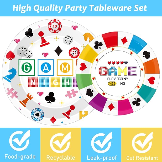 96 Pcs Family Game Night Party Plates Napkins Tableware Set Gaming Supplies Disposable Dinnerware Video Game Decoration Favors for Kids, 24 Guests