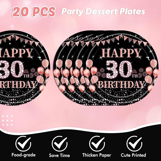 62Pcs 30th Birthday Decorations for Girls Her, Rose Gold Birthday Party Supplies Include 20 7''Plates 20 9'' Plates 20 Napkins and 2 Tablecloth, Rose Gold Princess Party Tableware for 20 Guests