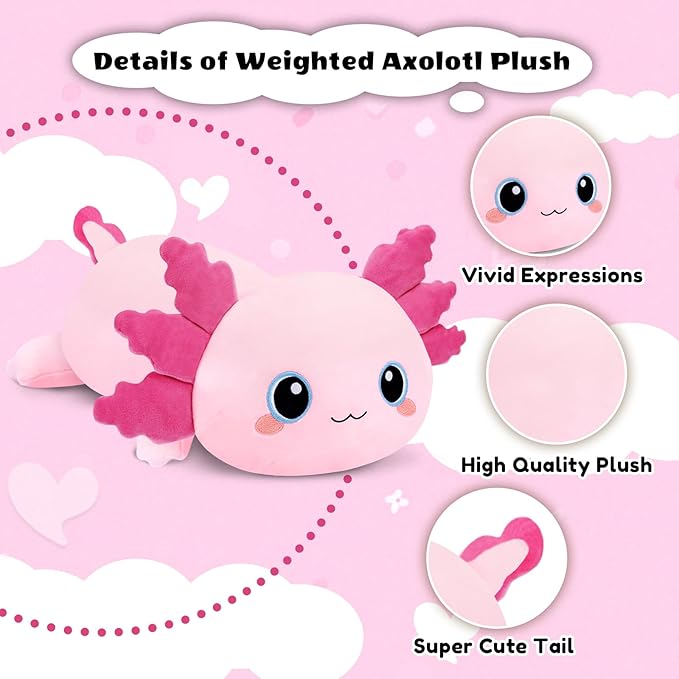 Finebee Weighted Axolotl Stuffed Animals, Cute Weighted Axolotl Plush, Soft Stuffed Weighted Plush Pillow Gifts for Kids Adult(13.8" 1.6Lbs)