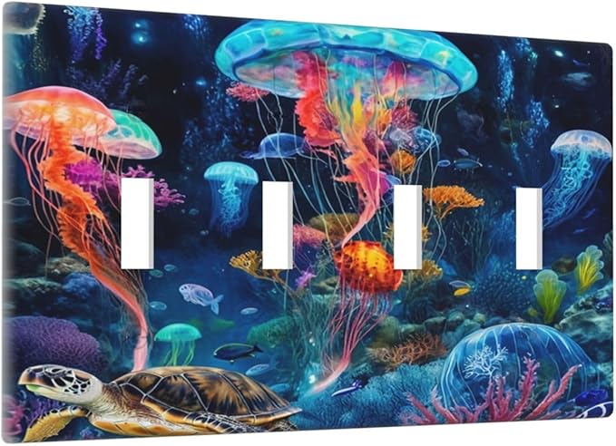 Jellyfish Sea Turtle Fantasy Ocean Coral Underwater World Light Switch Covers Quad Toggle Electrical Faceplate 4 Gang Wall Plate Decorative Switch Plates for Nursery Kids Room Decor