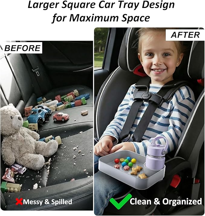 Car Seat Snack Tray for Kids, Mess-Free Square Travel Tray Cup Holder Snack Tray, Durable Car Food Tray for Toddlers, Universal Fit Kids Travel Road Trip Essentials (Gray)
