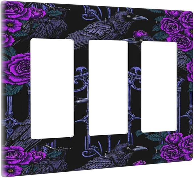 Light Switch Covers Gothic Style Crow Purple Flowers 3 Gang Rocker Electrical GFCI Decorative Triple Outlet Wall Plate Cover Switchplate for Bedroom living Room Decor