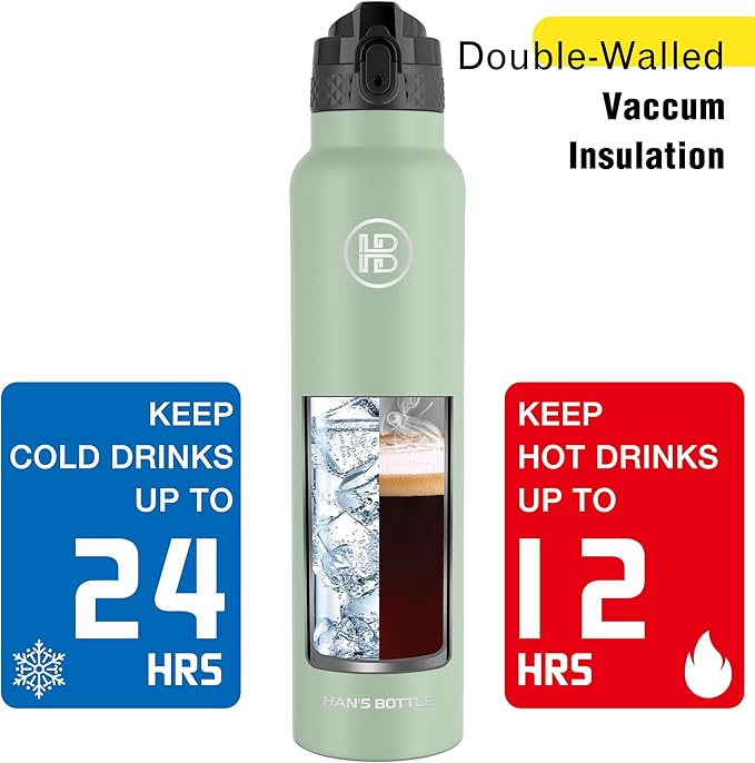 Han's Bottle Sports Water Bottle - 32 Oz, Straw Lid, Leak Proof, Vacuum Insulated Stainless Steel, Double Walled, Thermo Mug,Pine Green