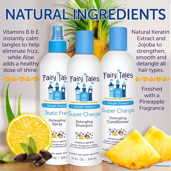 Fairy Tales Tangle Tamer Super Charge Detangling Shampoo, Conditioner, and Spray for Kids - Travel Kit - Paraben Free, Sulfate Free, Gluten Free, Nut Free - 3.3 oz (Pack of 3)