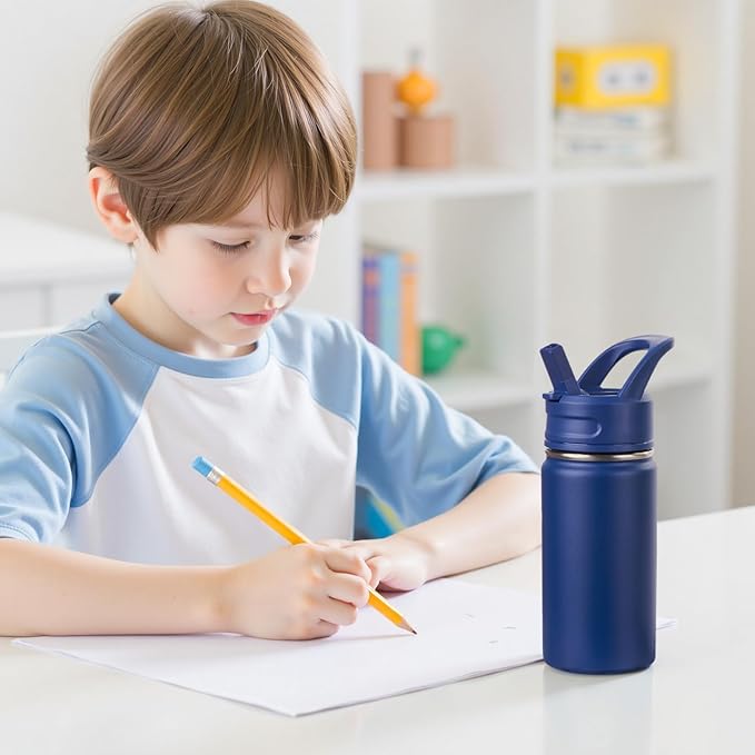Fijinhom 12oz Kids Water Bottle for School, Toddler Bottles with Straws, Stainless Steel Vacuum Insulated Water Bottle for Boys&Girls, Leak-Proof, BPA-Free, Blue Black