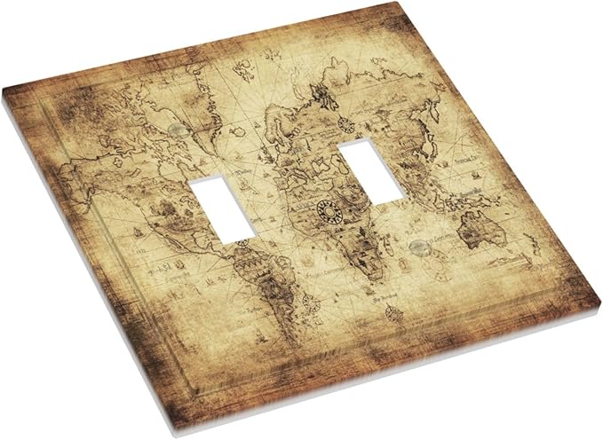 Old World Ocean Map 2 Gang Double Toggle Light Switch Cover Electric Wall Plate Electrical Faceplate for Bathroom Home Living Room Jumbo Size Decor