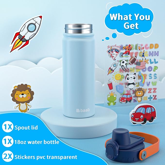baab 18oz Kids Water Bottle, Insulated Kids Water Bottle with Lockable Spout Lid & Stickers, 18/8 Stainless Steel Vacuum Leakproof Kid Water Cup with Handle for Boy & School (Light Blue+Navy Blue)