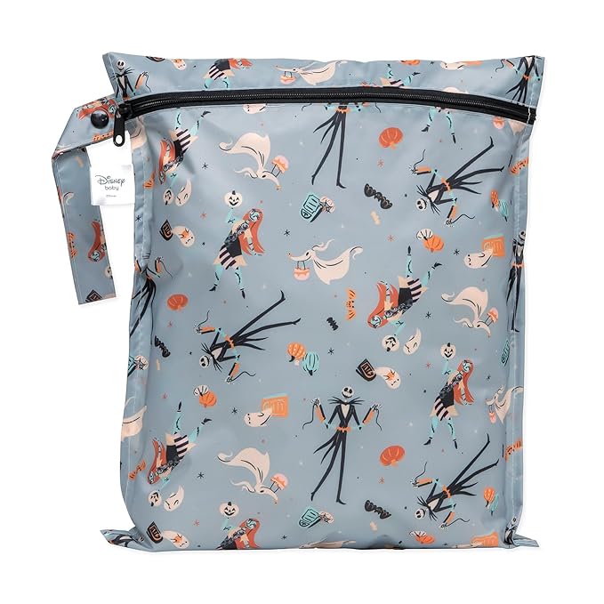 Bumkins Disney Waterproof Wet Bag for Baby, Travel, Swim Suit, Cloth Diapers, Pump Parts, Pool, Beach, Gym Clothes, Toiletry, Hook to Stroller, Daycare, Zip Reusable Wetdry, Nightmare Before Christmas