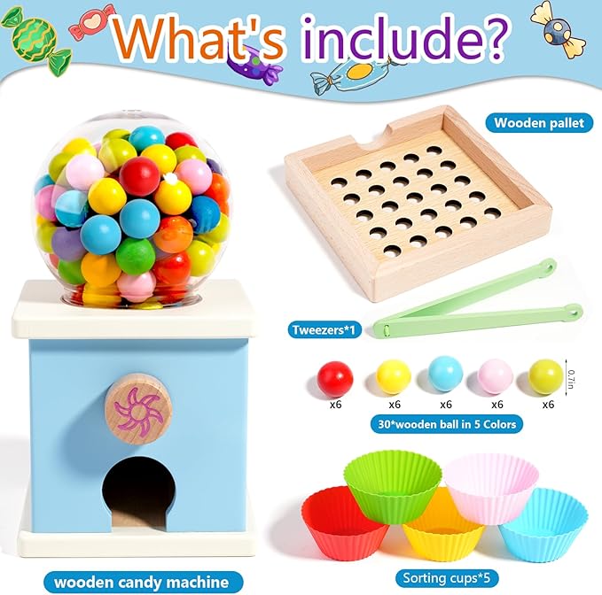 QimuMku 9.6" Wooden Gumball Machine Counting Montessori Toys for 3 4 5 Years Old Boys Girls, Toddler Preschool Learning Activities Toy for Kids Ages 4-8, Birthday Gifts Sensory Toys