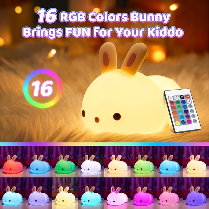 One Fire Easter Bunny Gifts for Kids Night Light with Remote, 16 Colors+5 Brightness Cute Lamp,Easter Bunny Decor/Stuff/Toys for Baby Toddler Soft Silicone Night Light, 1200mAh Portable Bunnies Lamps