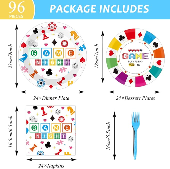 96 Pcs Family Game Night Party Plates Napkins Tableware Set Gaming Supplies Disposable Dinnerware Video Game Decoration Favors for Kids, 24 Guests