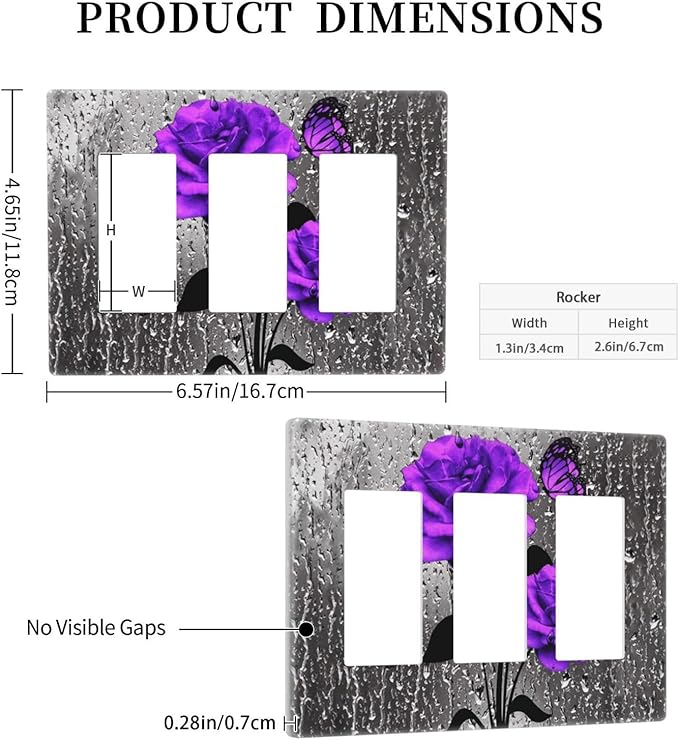 Purple Gray Rose Butterfly 3-Gang Rocker/Decorator Wall Plate Cute Romantic Gray Blossom Flowers Floral Decorative Screwless Triple Device Light Receptacle GFCI Outlet Switch Faceplate Cover Dimmer