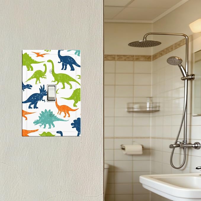 Colorful Dinosaur 1-Gang Toggle Light Switch Plate, Cute Dino Friends Decorative Wall Plate for Teen Boys Bedroom Playroom Decor