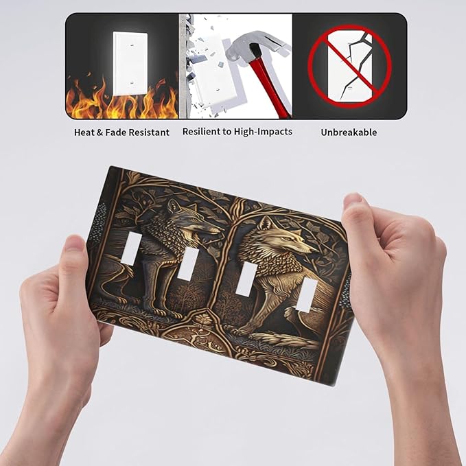 Medieval Wolves Animal Vintage Print Light Switch Covers Quad Toggle Electrical Faceplate 4 Gang Wall Plate Decorative Switch Plates for Farmhouse Home Decor