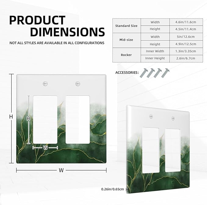 Decorative Outlet Covers Green Gold Leaf Marble Modern Abstract 2 Gang Double Rocker Light Switch Cover Decorative Switch plates Electrical Wallplates GFCI Receptacle for Kitchen Bathroom