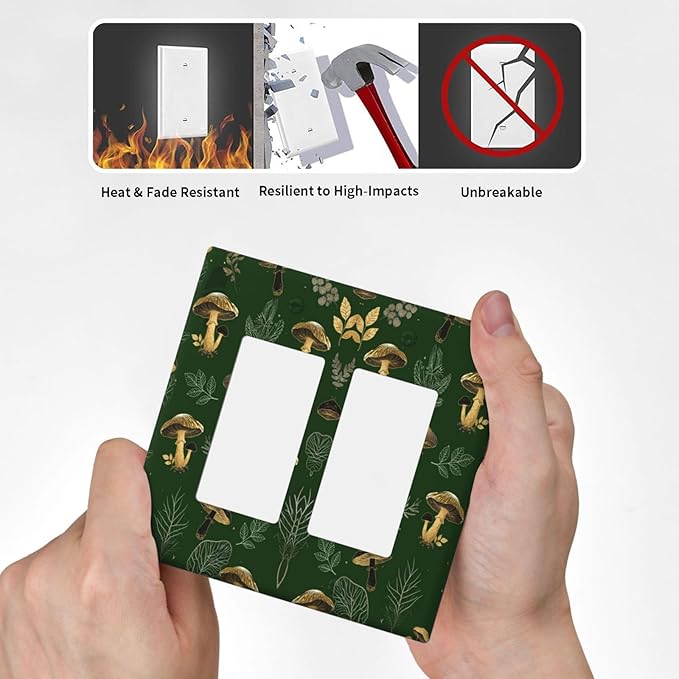 Decorative Outlet Covers Cute Gold Mushtroom Green Plant Leaf 2 Gang Light Switch Cover Plate Double Rocker Wall Plates for Electrical Outlets Switch Plate Covers for Bedroom Home Decor