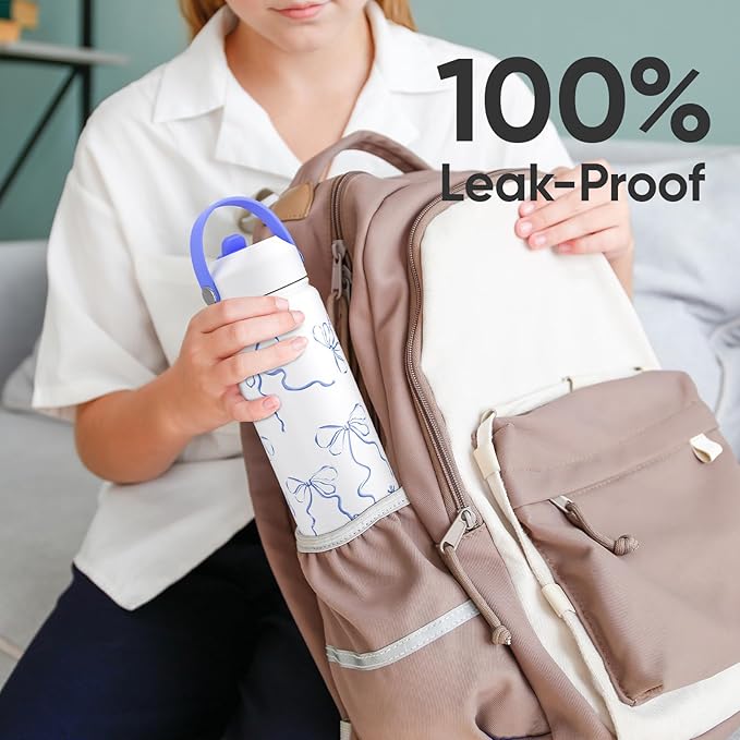 KEWIXY 18 oz Blue Bow Water Bottle with Straw, Leak Proof, Insulated Stainless Steel with Handle, Reusable, Metal, Backpack-side Fit (Breeze Blue Bow)
