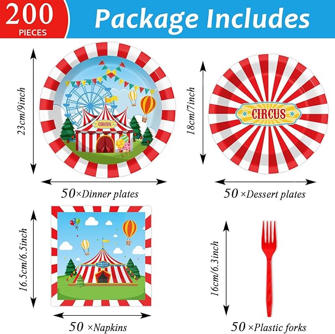 200pcs Circus Party Plates Napkins Forks Carnival Themed Party Tableware Set Red White Party Disposable Paper Dessert Cake Dinnerware Boy Girl Happy Birthday Party Baby Shower Decor Supplies Serves 50