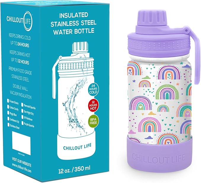 CHILLOUT LIFE 12 oz Kids Insulated Water Bottle for School with Leakproof Spout Lid and Cute Waterproof Stickers, Personalized Stainless Steel Thermos Flask Metal Water Bottle For Girls & Boys