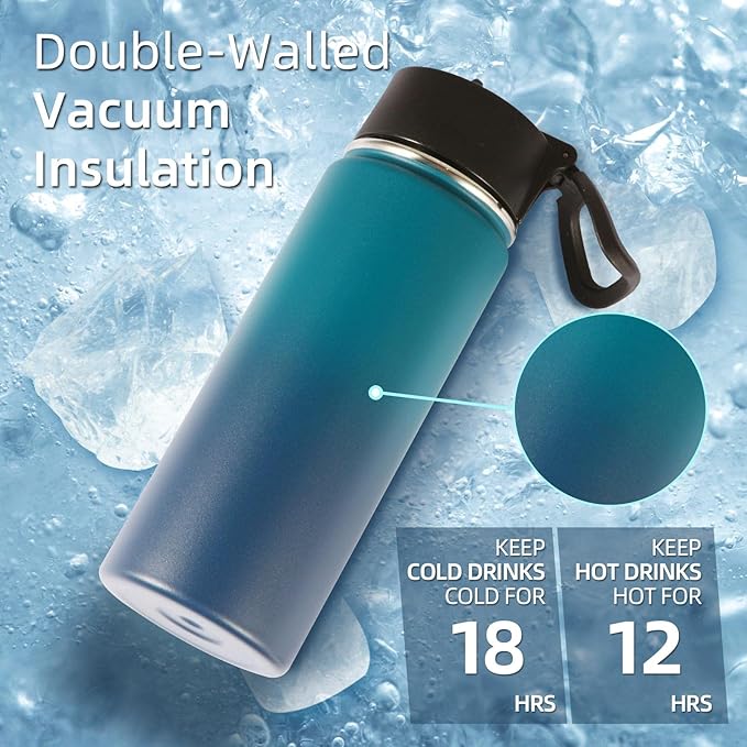 Volhoply 18oz Kids Insulated Water Bottle,Stainless Steel Water Bottles with Straw Lid,Wide Mouth Reusable Metal Sports Water Flask,Double Wall Vacuum Travel Cups For Cold Drink(Dark Night,1 Set)