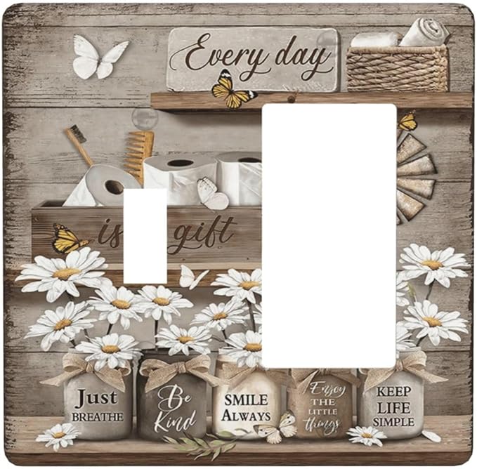 Rustic Daisy Flower Butterfly Inspirational Cottage Outlet Covers 1 Toggle 1 Rocker Combination Decorative Wall Plate Electrical Switch Plates Light Switch Cover Plate for Farmhouse Bedroom Decor
