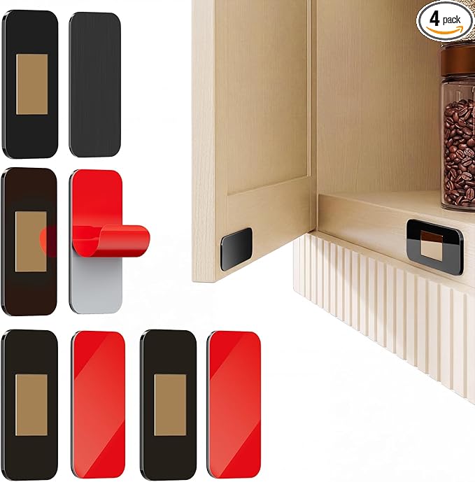PHIXBEAR No Drill Magnetic Cabinet Door Catch with Adhesive – Stainless Steel, Adhesive Drawer Magnets for Kitchen Cabinets, Bathroom, RV – No Screws Needed 1.6” x 0.8” 4 Pack Black