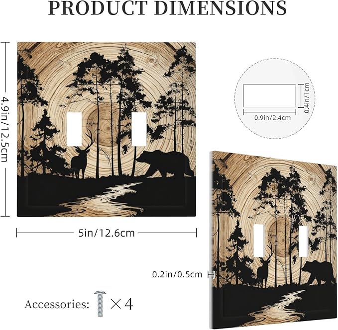 Rustic Forest Antler Black Bear Deer Silhouettes Decorative Switch Plates 2 Gang Double Toggle Outlet Light Switch Cover Wall Plate Electrical Faceplate for Farmhouse Home Decor