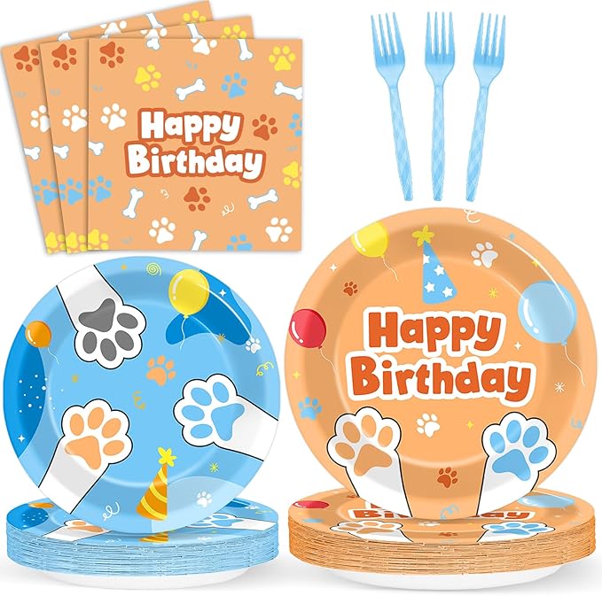 Justforjoyful 96Pcs Blue Dog Happy Birthday Party Supplies Cartoon Puppy Paper Plates and Napkins Disposable Paw Tableware Dinnerware Set for Kids Dogs Parties Decorations Favors Baby Shower Serve 24