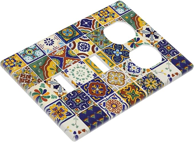 Yellow Mexican Moroccan Sun Tile 3-Gang 2-Toggle 1-Duplex Receptacle Combination Light Switch Decorative Triple Combo Device Switches/Rocker Outlet Covers and Wall Plate