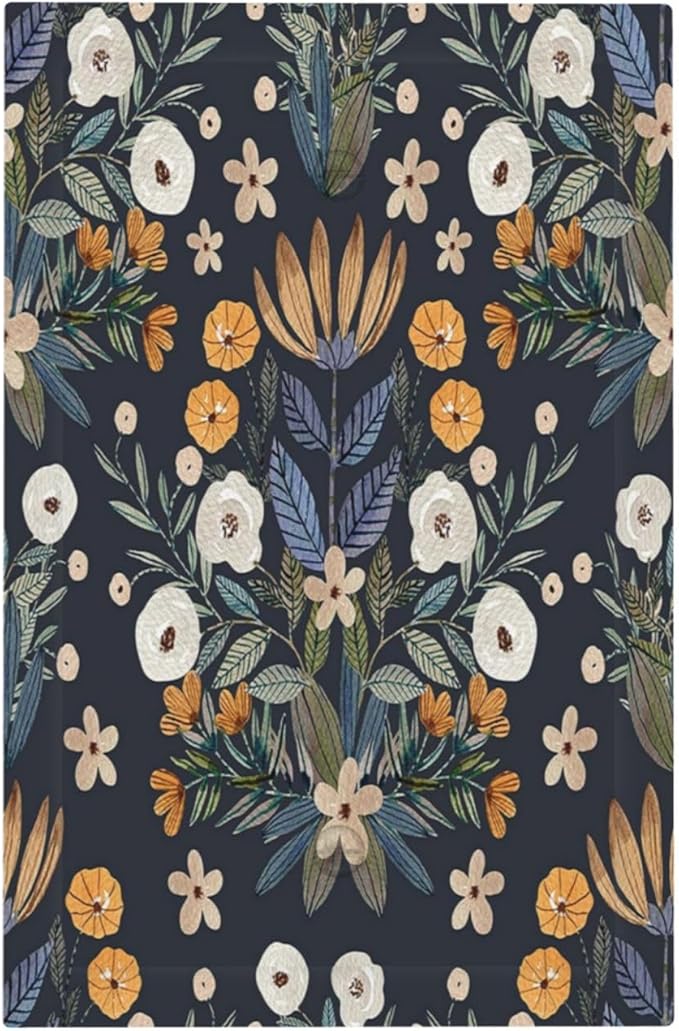 Boho Leaf Floral Navy Blue Background 1 Gang Light Switch Covers No Device Wall Plate Decorative Blank Switchplate Electrical Faceplate for Farmhouse Country Livingroom Bedroom Decor