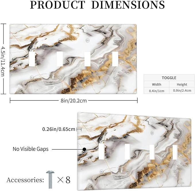 Luxurious Marble Abstract White Gold Tile Modern Simplicity Light Switch Covers Quad Toggle Electrical Faceplate 4 Gang Wall Plate Decorative Switch Plates Cover for Bathroom Kitchen Decor