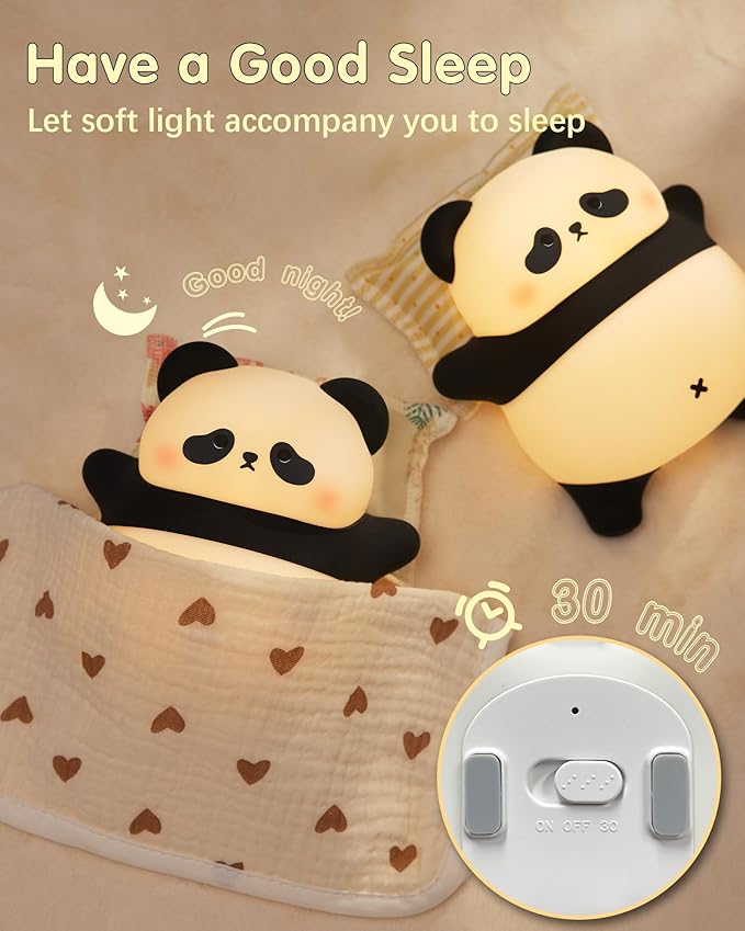 Voice Control Panda Night Light, 6 Colors 30-Minute Timer, Cute Animal Silicone Nursery Night Light Rechargeable Table Lamp Bedside Lamp with Touch Sensor for Baby Holiday Gift for Boys & Girls