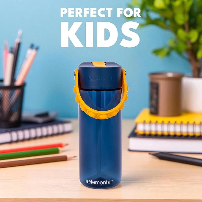 Elemental Water Bottles for Kids - Splash Kids Water Bottle for School with Pop-it Handle - BPA Free Tritan Plastic Water Bottle with Straw Leak Proof when Spout is Closed - Midnight Sun - 18oz
