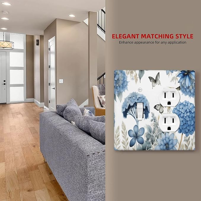 Blue Floral Hydrangea Floral Butterfly Flower Plant Wallplates 1 Toggle 1 Duplex Switch Plate Electrical GFCI Faceplate Decorative Light Switch Covers for Bedroom Living Room Decor