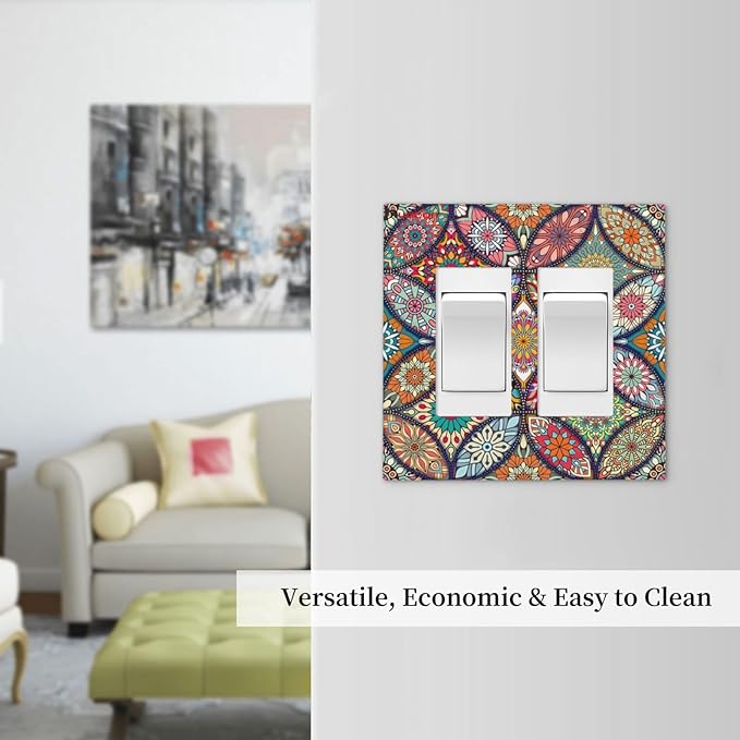 Boho Floral Pretty Colorful Mandala Flowers Decorative Outlet Covers 2 Gang Double GFCI Rocker Electrical Wall Panels Light Switch Cover Plate for Bedroom Living Room Decor