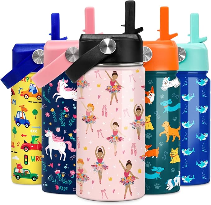 Kids Water Bottle Ballet Water Bottles 12oz with Straw Insulated Stainless Steel Travel School Tumbler Double Wall Vacuum Cup for Girls Kid